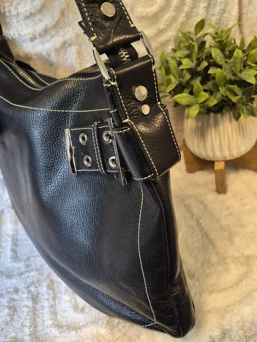 Vtg Charles David Genuine Leather Black Shoulder Bag Handbag Purse Y2K Hobo